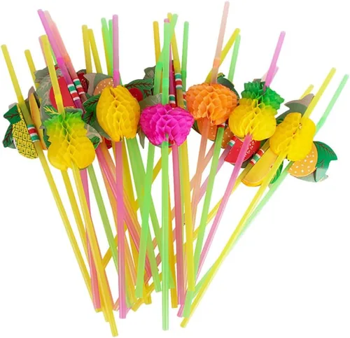 Kichvoe Paquete de 60 pajitas de fiesta con temática hawaiana, agitadores de bebidas en forma de fruta para niños y niñas, pajitas de plástico