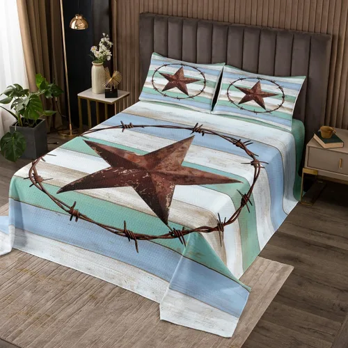 Miniatura 25 de Colcha de vaquero occidental para niños, tamaño individual, juego de colcha rústica de herraduras, cactus y herraduras, decoración de habitación