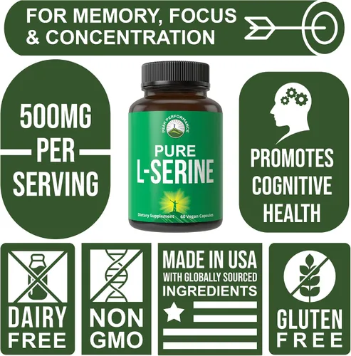 Miniatura 3 de Peak Performance L-Serine Cápsulas de 500 mg de los mejores aminoácidos cerebrales y nootrópicos para la producción de L-cistina, L-triptófano