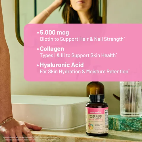 Miniatura 4 de NatureWise Vitamina para el cabello, piel y uñas, biotina 5000mcg con ácido hialurónico, colágeno para mujeres con complejo C, B, D3, A, E, hierro