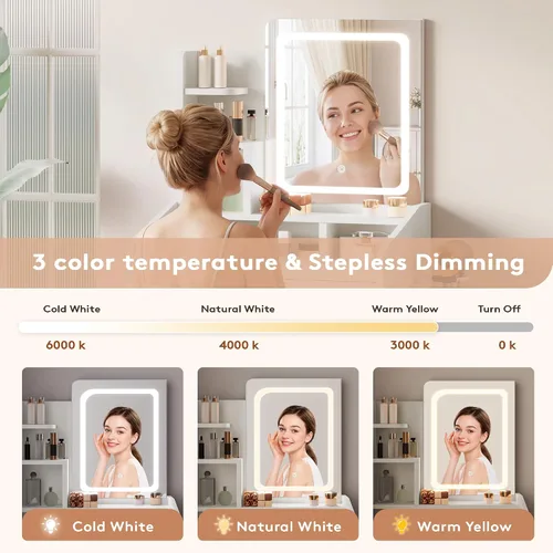 Miniatura 12 de LIVELYGLOW Juego de tocador pequeño con espejo iluminado y estación de energía, escritorio de maquillaje blanco moderno de 24 pulgadas con taburete