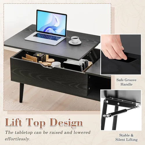 Miniatura 2 de OLIXIS Mesa de Centro de Café de Madera con Tapa Elevable con Compartimento Oculto y Estante de Almacenamiento Grande, Mesa de Comedor Central