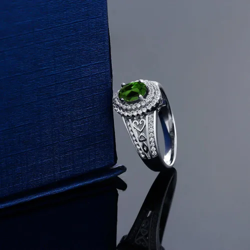 Miniatura 66 de Anillo de compromiso con halo de piedra preciosa y piedra natal en plata chapada en oro amarillo de 18 quilates, ovalado, 0.236 x 0.157 pulgadas