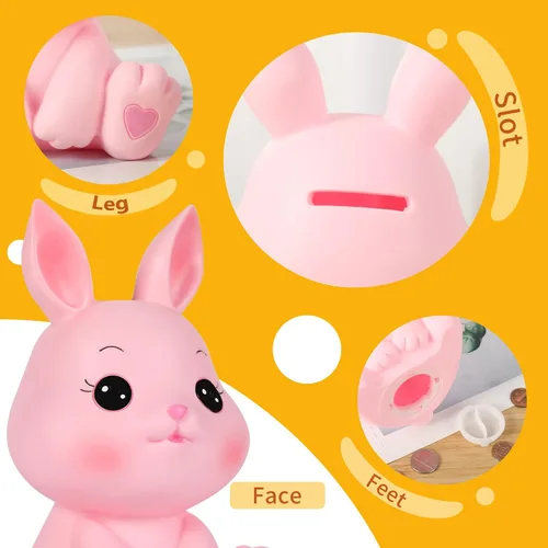 Miniatura 3 de H&W Little Bunny - Alcancía con diseño de conejo, el mejor regalo de cumpleaños, color rosa
