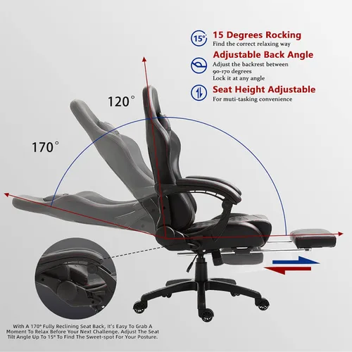 Miniatura 5 de Dowinx Silla de juegos grande y alta, silla de juego ergonómica para adultos con reposapiés y soporte lumbar de masaje, respaldo alto, silla de Negro