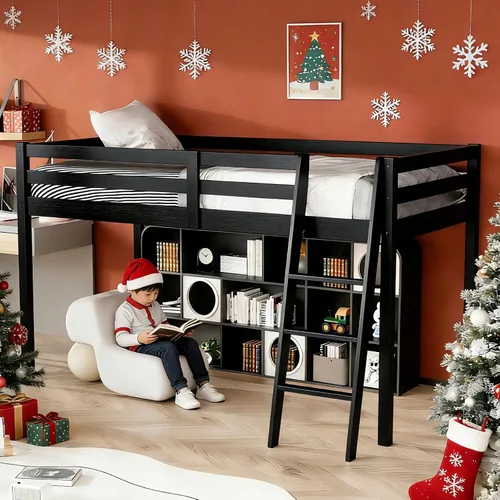 Miniatura 10 de VINGLI - Cama tipo loft baja de 47'' para junior con escaleras, cama de madera tamaño individual para adultos, niños y adolescentes jóvenes, sin