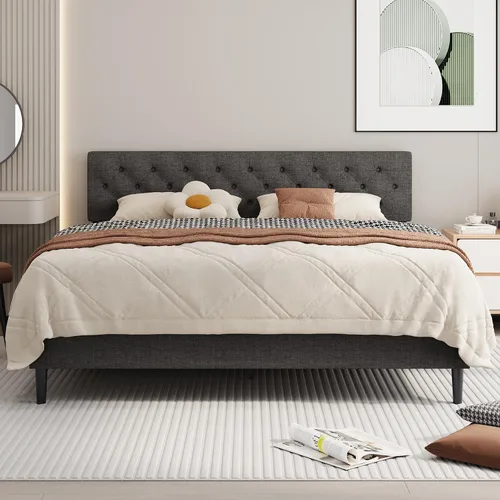 Miniatura 27 de BarnFurin Marcos de cama individual con cabecera capitoné con botones, cama de plataforma tapizada de lino con soporte de listones de madera, fácil