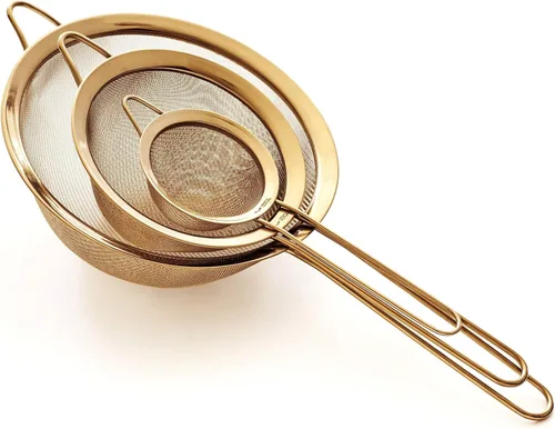Juego de coladores de malla fina - Acero inoxidable 304 premium (18/8) - Coladores de cocina resistentes de 8, 5.5 y 3.3 pulgadas (dorado)