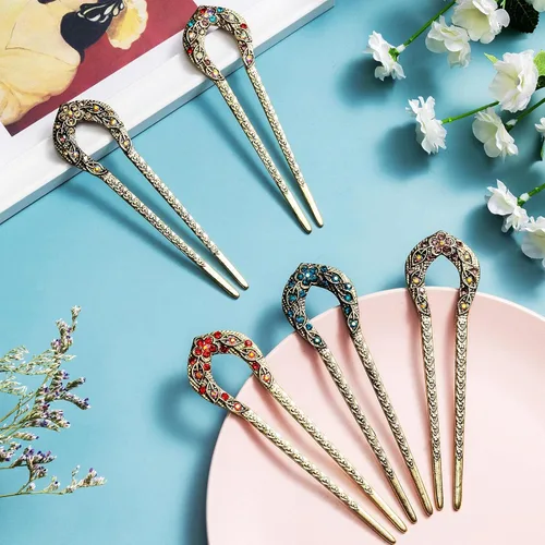 Miniatura 2 de Waydress 5 horquillas de pelo vintage para moños, pinzas de metal para moños, palillos de cristal con diamantes de imitación de doble punta, pasador