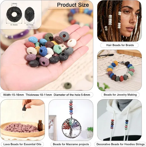 Miniatura 3 de TUMBEELLUWA 100 cuentas Rondelle de piedra de lava para hacer joyas, cuentas sueltas de roca volcánica de energía con agujeros grandes a granel