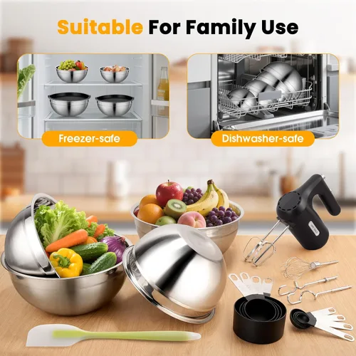 Miniatura 2 de Lord Eagle Batidora de mano eléctrica de 5 velocidades con 4 cuencos de acero inoxidable, batidora de mano ligera de cocina de 300 W con tazas