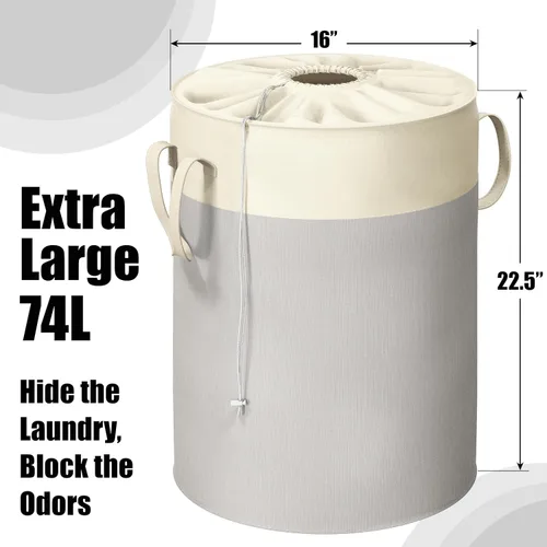 Miniatura 2 de Simple Houseware Cesta de lavandería plegable de 74L, cesta redonda de algodón con cierre de cordón y asas, paquete de 2, color gris