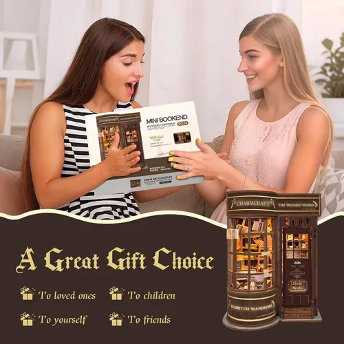 Miniatura 8 de Kit de rincón de libros para adultos y adolescentes, kit de casa en miniatura con luz LED, rompecabezas de madera 3D para adultos, regalos de madera