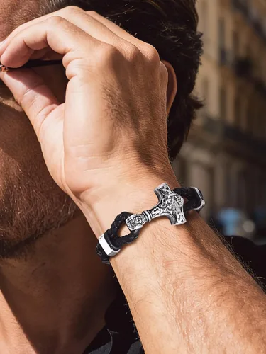Miniatura 5 de Bandmax Pulsera trenzada de cuero negro para hombre con colgante gótico punk, pulsera de cuero con hebilla de acero inoxidable, paquete de regalo