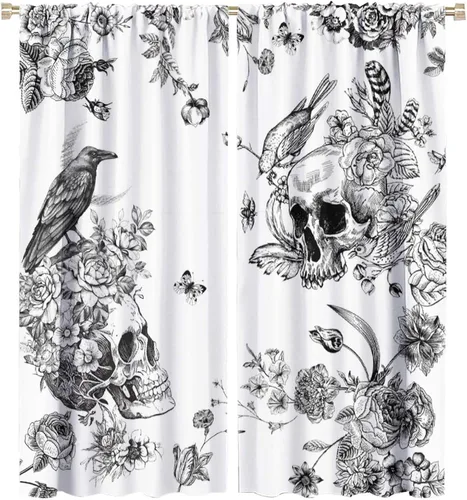 Cortinas góticas de calavera y cuervo, esqueleto, tratamiento de ventana de cuervo negro, flores, flores, azúcar, polilla negra, Halloween, día de