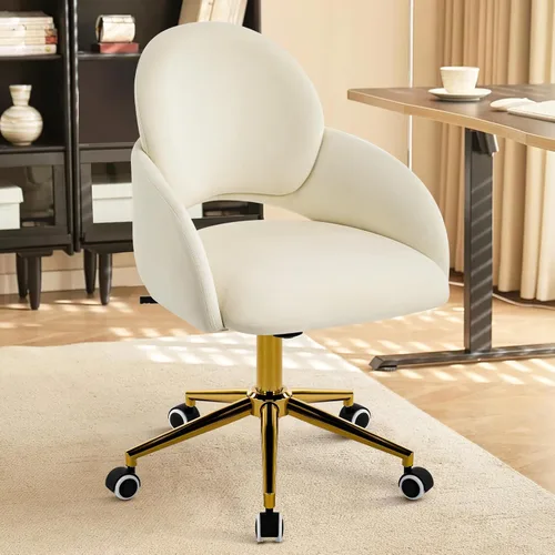 Miniatura 11 de Furniliving Silla de Tocador Rosa, Bonitas Sillas de Escritorio para Niñas con Respaldo, Silla de Acento Tapizada con Ruedas para Sala de Terciopelo