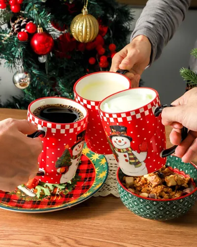 Miniatura 5 de Tazas de café HASENSE, juego de 4 tazas de cerámica de 15 oz con asa y patrones de muñecos de nieve para hombre mujer, juego de tazas de porcelana