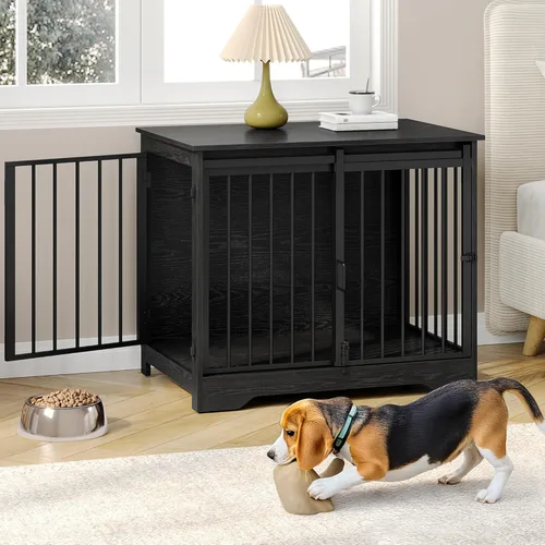 Miniatura 19 de Hzuaneri Mueble de jaula para perros de 31.9 pulgadas con puerta de granero, perrera resistente para interiores con 2 puertas, mesa auxiliar