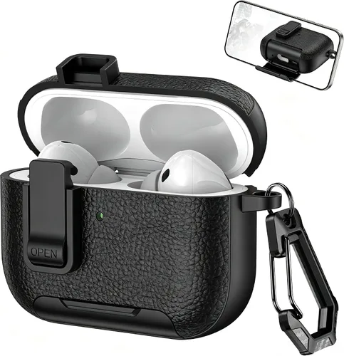 Miniatura 14 de Funda de cuero con clip de bloqueo para AirPods Pro 2ª/1ª con mosquetón, soporte de carga inalámbrica con soporte, cubierta de protección resistente