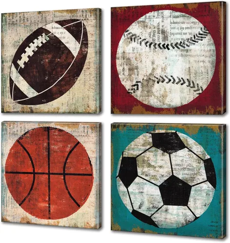 Decoración de pared deportiva para dormitorio de niños, 4 piezas, vintage, fútbol, béisbol, baloncesto, lienzo, decoración enmarcada para gimnasio,