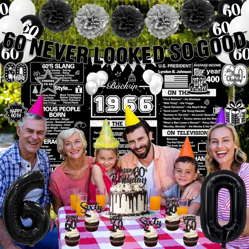 Miniatura 5 de Crenics Decoraciones de 60 cumpleaños en negro para hombres y mujeres - Telón de fondo de 1966, pancarta, pompones de papel, espirales colgantes