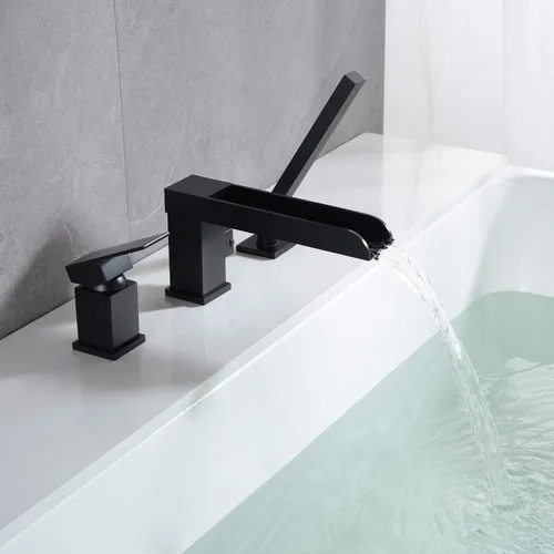 Miniatura 3 de Wowkk Grifos de bañera de cascada para bañera romana de montaje en cubierta, grifos de bañera de montaje en cubierta negros, grifos de bañera