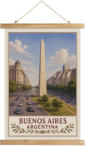 Buenos Aires Argentina - Póster artístico de pared, impresión vintage de viaje con monumento a Obelisco, rollo colgante de lienzo de lino con marco