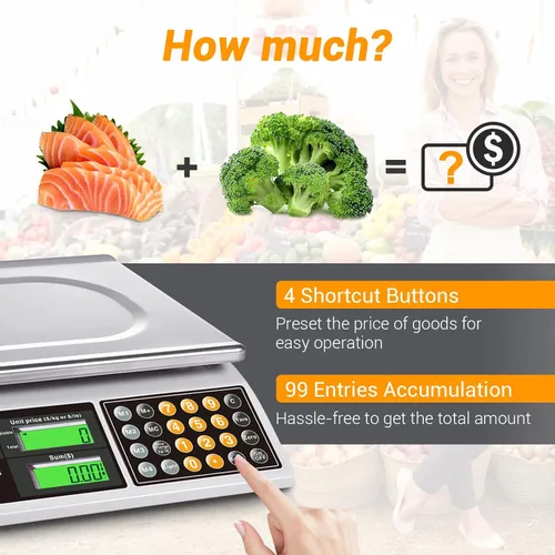 Miniatura 5 de Báscula de cálculo de precios, báscula digital de 66 libras para alimentos comerciales y productos de carne con retroiluminación verde LCD