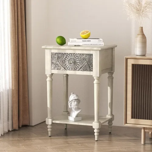 Miniatura 14 de SUNBURY Juego de 2 mesitas de noche vintage, mesa de noche pequeña de madera con cajón y estante abierto, mesa auxiliar de acento shabby para sala