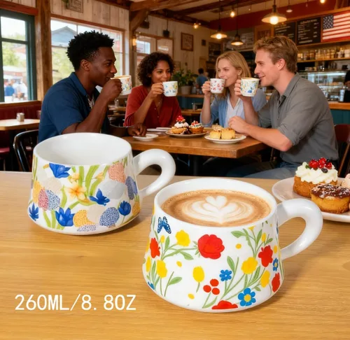 Miniatura 2 de Juego de 4 tazas de café, tazas de té de cerámica de 9 onzas, diseño floral vintage original, tazas de capuchino, tazas de café, tazas de té