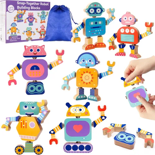 Juego de bloques de construcción de robot de madera a presión, juguete Montessori STEM para desmontar, 33 piezas de juguete de aprendizaje de