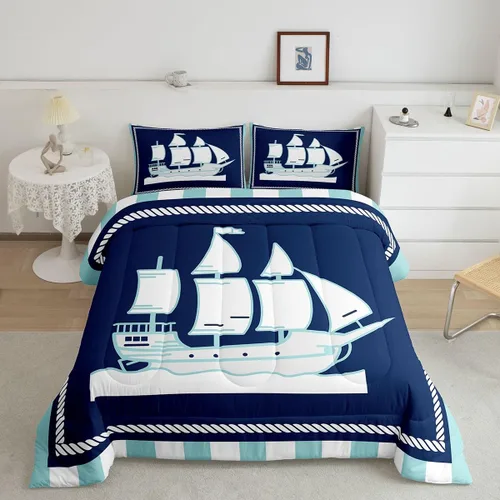 Miniatura 14 de Juego de edredón de brújula azul marino, tamaño individual, 2 piezas, diseño náutico de vela, estilo simple, para niños, adolescentes, adultos