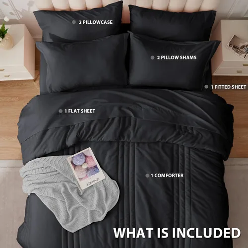 Miniatura 5 de juego de edredón tamaño individual negro - Cama en una bolsa tamaño individual 5 piezas, juego de ropa de cama suave para todas las estaciones