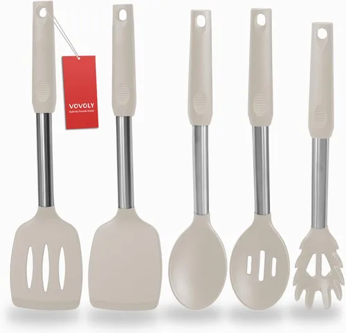 Miniatura 12 de Espátula de silicona y cuchara de cocina, paquete de 5 utensilios de cocina antiadherentes para la cocina, espátulas y cucharas sólidas y ranuradas