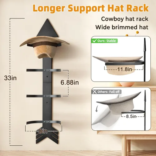 Miniatura 4 de Perchero de Sombreros Vaqueros para Pared Organizador de Sombreros para 10 Gorras de Béisbol y 3 Sombreros Vaqueros con Soporte de Sombreros de Negro