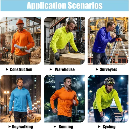 Miniatura 5 de HYCOPROT Hi Vis - Camisas de seguridad con capucha de alta visibilidad, manga larga, camisetas de trabajo de construcción, camisetas con capucha