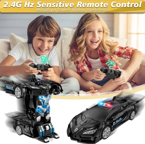 Miniatura 3 de LNNKINE Coche de control remoto, robot transformador de autos a control remoto, auto de policía transformable de 2.4Ghz con luz LED, deformación