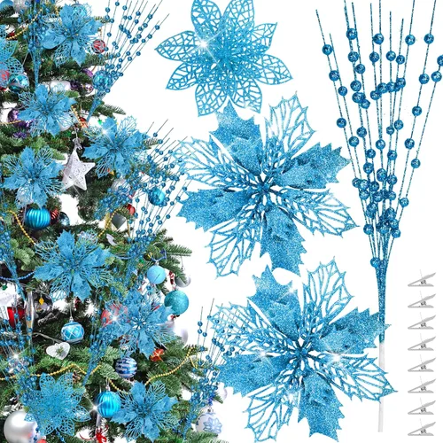 OCTERIC - 30 piezas de flores artificiales de Pascua con purpurina, ramas con bayas para árbol de Navidad, adornos de árbol de Navidad con clips