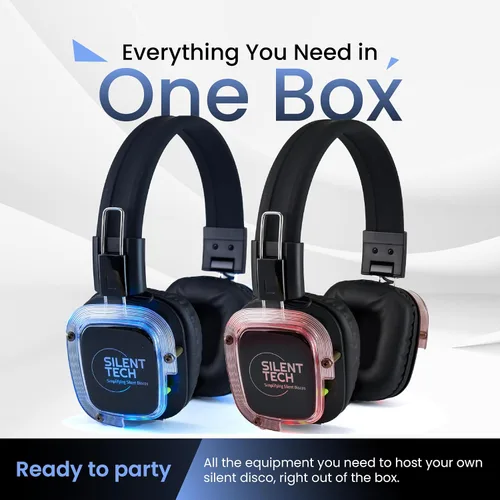 Miniatura 7 de Disco silencioso en una caja: 25 auriculares inalámbricos LED, transmisores de 2 canales, sistema de auriculares de disco silencioso Plug & Play