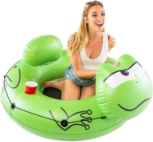 Miniatura 4 de BigMouth Inc Tubo grande de rana con asiento de malla, balsa de vinilo resistente para deriva de vías fluviales, portavasos integrado y cuerda