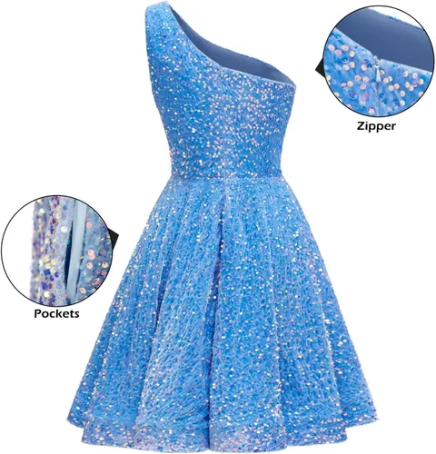 Miniatura 2 de Hjindpr Vestidos de lentejuelas de un hombro para adolescentes, vestido corto de graduación 2024, vestido formal acampanado brillante con bolsillos