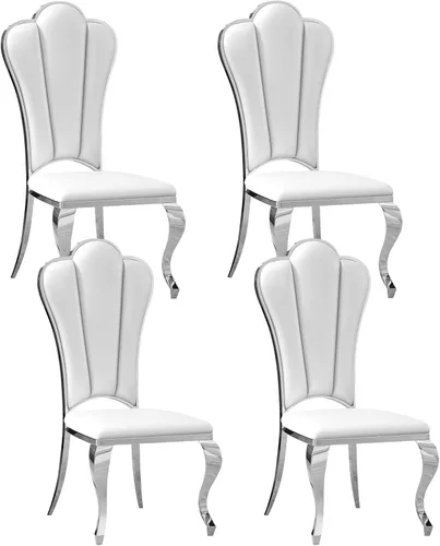 Miniatura 12 de Juego de 2 sillas de comedor de cuero, sillas de cocina tapizadas negras con respaldo alto con patas de acero inoxidable plateadas, modernas sillas