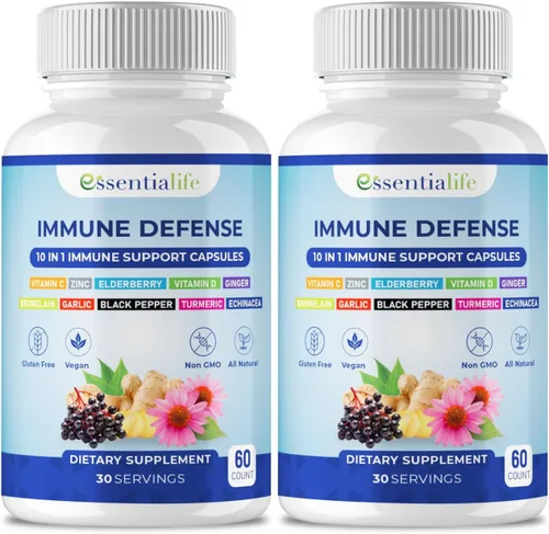 Suplemento de apoyo inmunológico, 2 paquetes 10 en 1 de saúco, equinácea, vitamina D, vitamina C 1000 mg y suplemento de zinc, con refuerzo