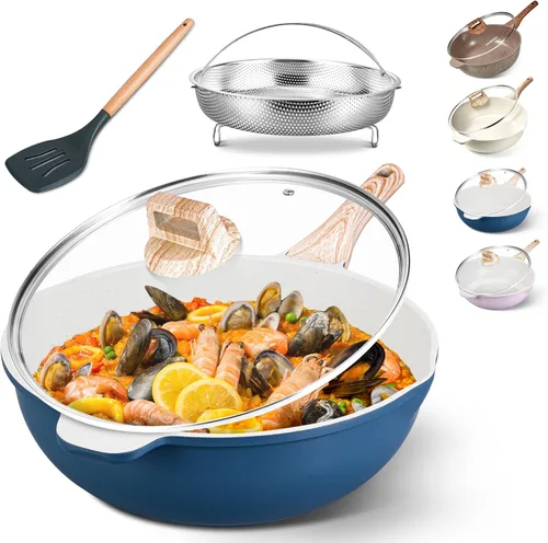 Miniatura 12 de AOSION Sartén profunda de cerámica antiadherente de 12 pulgadas con tapa y estante de vapor, sartén de 5.5 cuartos de galón, sartén de cerámica