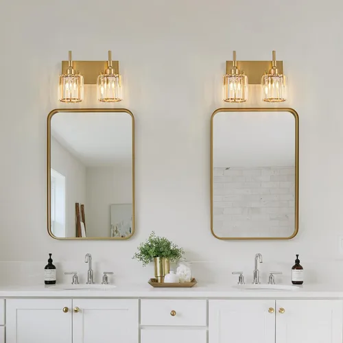 Miniatura 6 de Lámparas de baño doradas, 2 lámparas de tocador de cristal para baño, luces modernas de latón sobre espejo