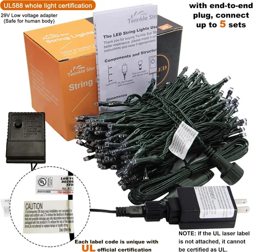 Miniatura 9 de Twinkle Star Guirnalda de 200 luces LED de Halloween de 66 pies con certificación UL segura para exteriores, luces de hadas enchufables, cable verde