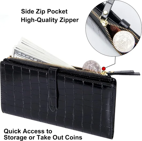 Miniatura 4 de YOUBDM Billeteras delgadas para mujer, tarjetero RFID plegable con bolsillo con cremallera, Negro 1