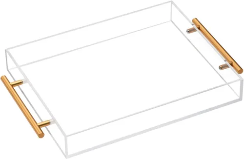 Bandeja de acrílico transparente para servir Lucite con asas de metal, sin necesidad de montar, 11 x 14 pulgadas, organizador de almacenamiento