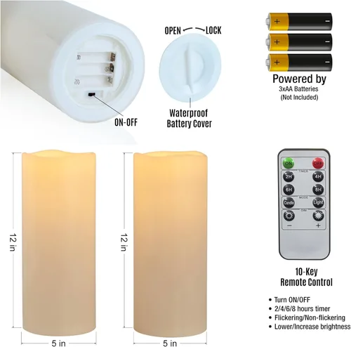 Miniatura 4 de Velas sin llama impermeables extra grandes para exteriores de 12" x 5" que funcionan con baterías, velas LED parpadeantes tipo pilar con control