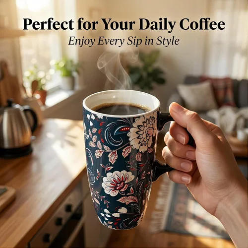 Miniatura 3 de Topadorn Taza de Café de Cerámica de Porcelana Latte Taza de Té con Tapa y Caja de Regalo 17oz, Flor Azul